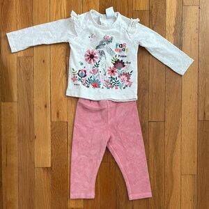 Boboli ( Spain) Floral Long Sleeve Top and Pink velvet Leggings Set,